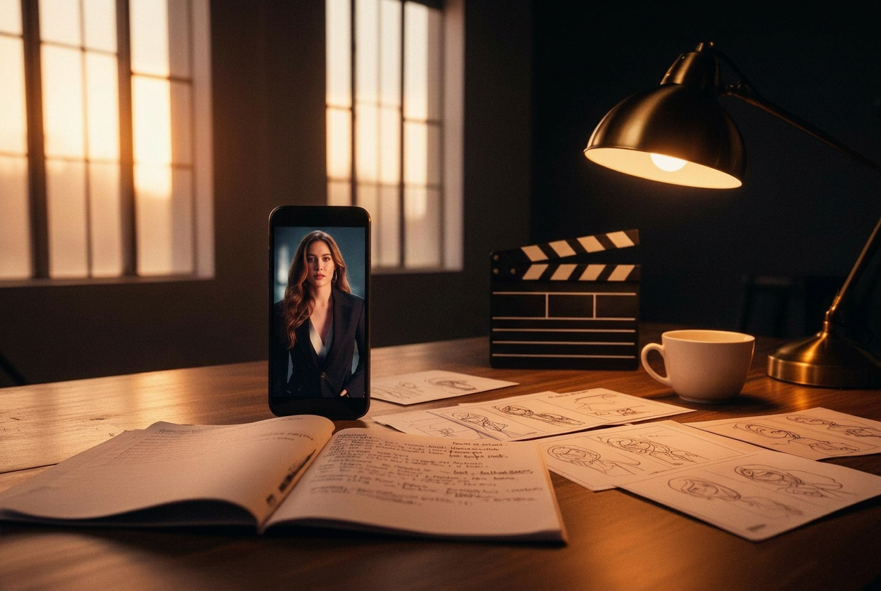 Warm golden-hour studio production table with smartphone, script and storyboards